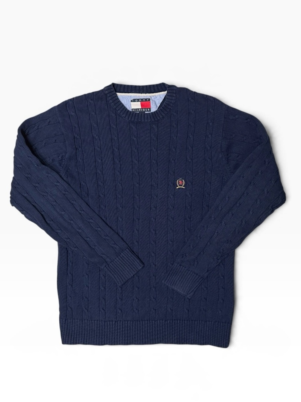 Tommy Hilfiger Vintage 90s Cable-Knit Crewneck Sweater Chest Crest Logo Navy S